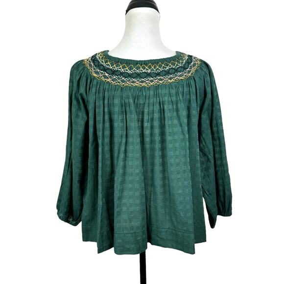 The Great NWT Sea Glass Top Palm Leaf Green Smocked Billowy Checked Cotton Top - Picture 5 of 16